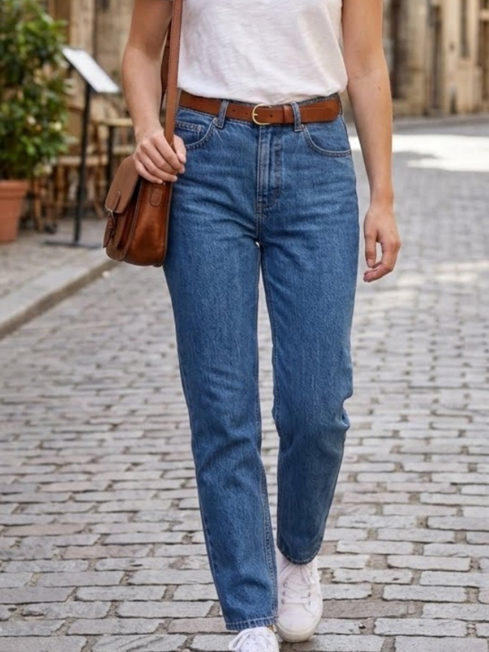 H&M High-Rise Straight Jeans in Medium Blue